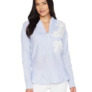 Ralph Lauren Blue White Striped Linen Applique Top Size Large